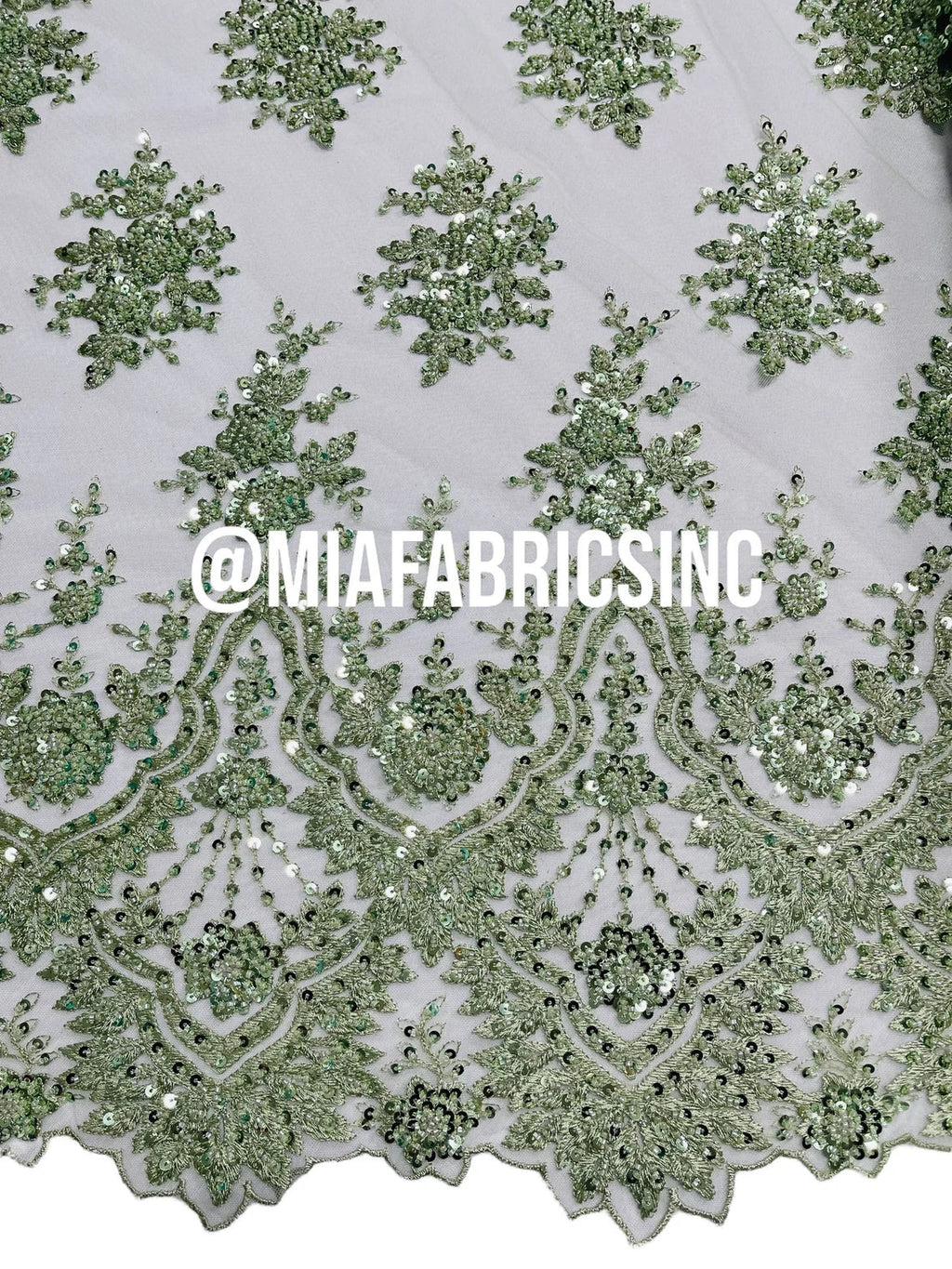 Round Flower Beaded Fabric - Mint - Embroidered Fashion Design Beads and Sequins On Mesh by The Yard