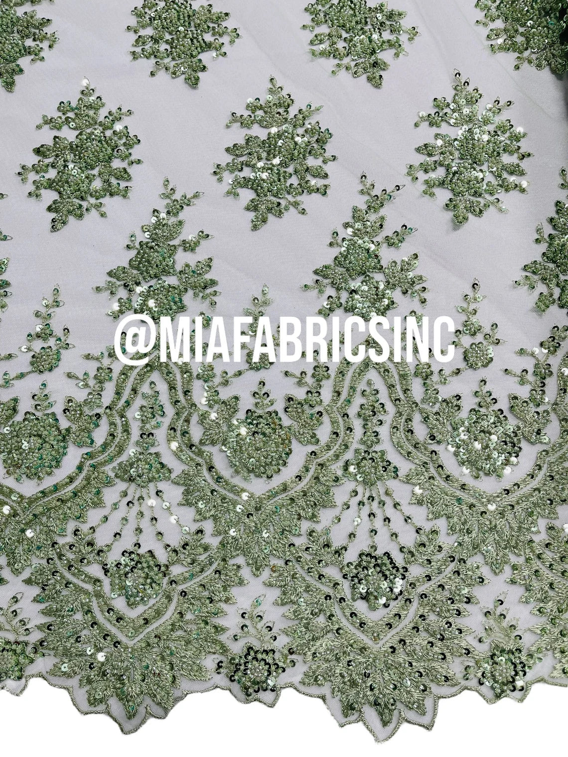 Round Flower Beaded Fabric - Mint - Embroidered Fashion Design Beads and Sequins On Mesh by The Yard