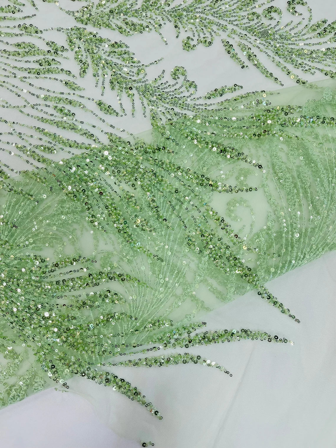 Heart & Feather Pattern Fabric - Mint - Embroidered Elegant Design with Beads Mesh Fabric Sold By Yard