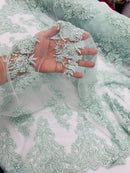 Beaded Floral Fabric - Mint - Embroidered Flower Cluster Beaded Fabric Sold By Yard