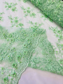 3D Embroidered Floral Fabric - Mint - 3D Rhinestone and Sequins Floral Fabric Sold By Yard