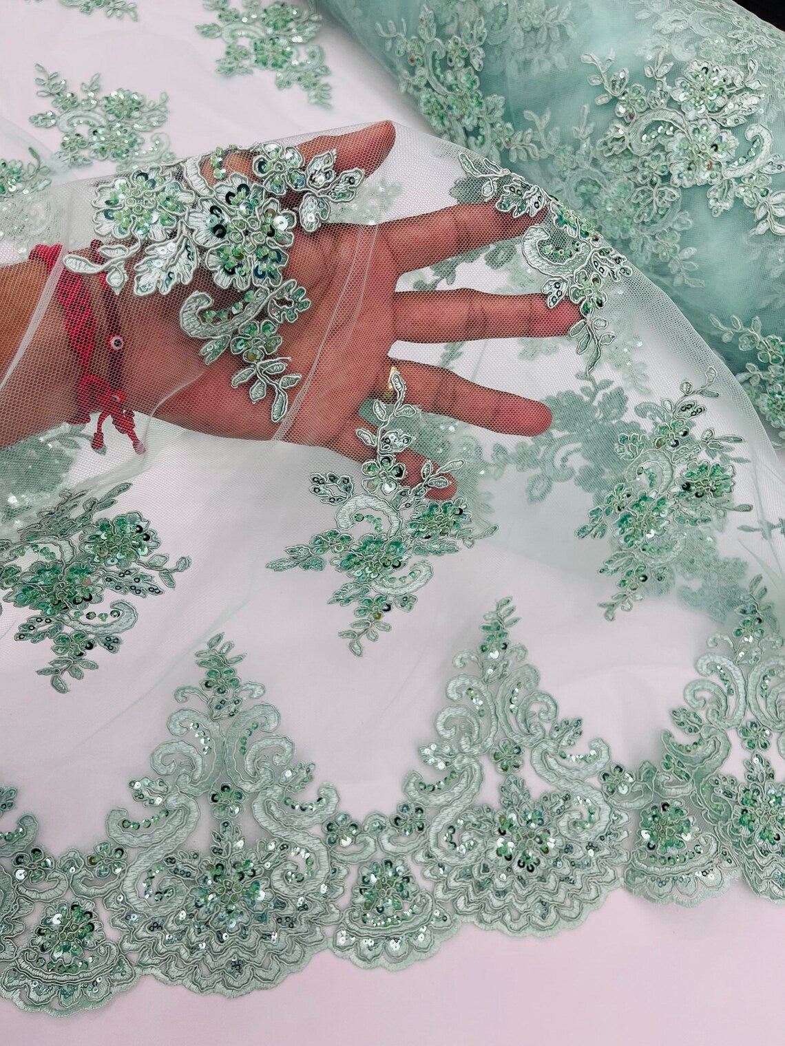 Beaded Floral Fabric - Mint - Floral Cluster Design Fabric with Damask Border by Yard