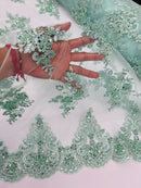 Beaded Floral Fabric - Mint - Floral Cluster Design Fabric with Damask Border by Yard