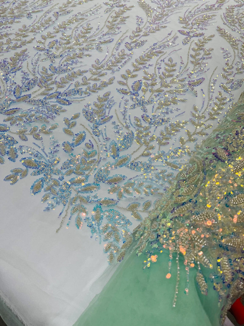 Clear Iridescent Leaf Design - Clear on Mint - Embroidered Beaded Sequins Mesh Fabric by Yard