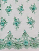 3D Floral Pearl Design - Mint - Floral Embroidered Pearls and Sequins Fabric By Yard
