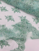 Beaded Floral Fabric - Mint - Floral Cluster Design Fabric with Damask Border by Yard