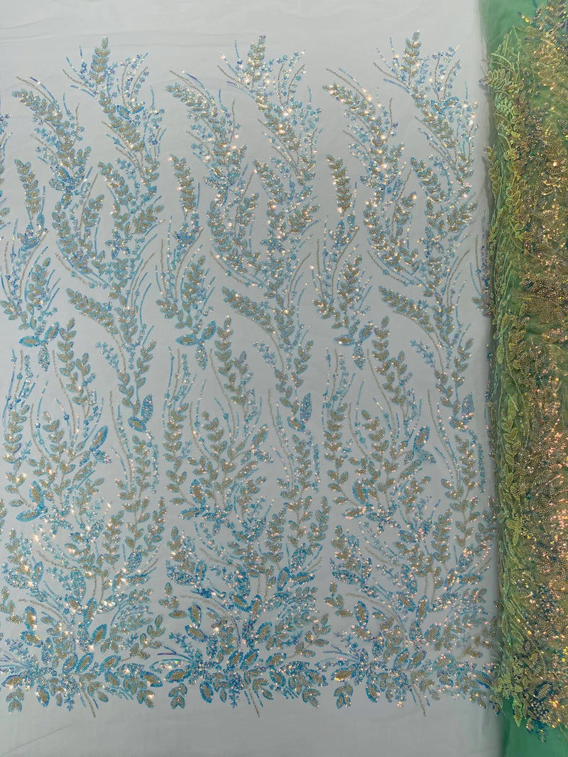 Clear Iridescent Leaf Design - Clear on Mint - Embroidered Beaded Sequins Mesh Fabric by Yard