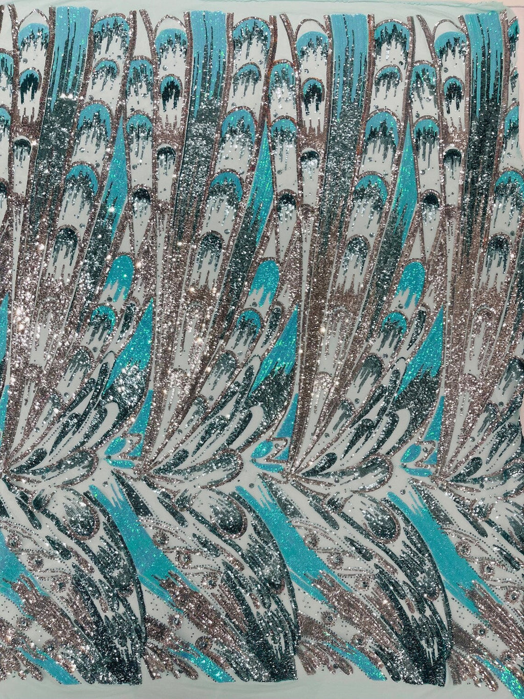 Multi-Color Sequins Design - Mint / Aqua / Silver - 4 Way Stretch Sequins Fabric By The Yard