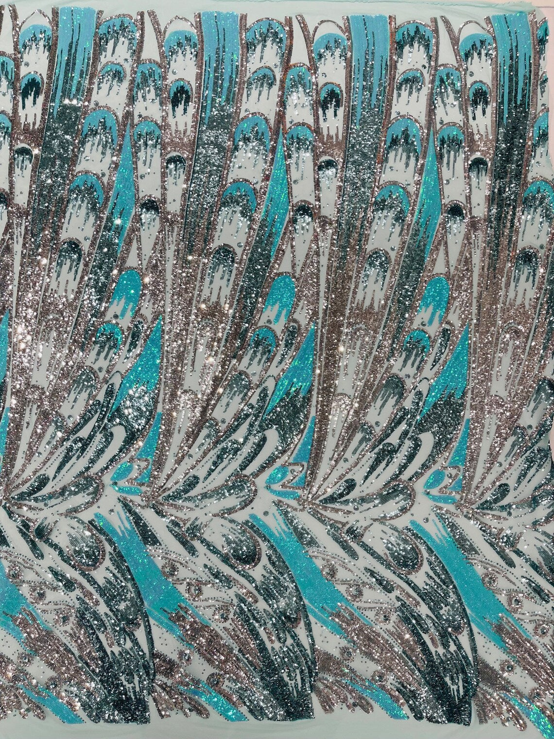Multi-Color Sequins Design - Mint / Aqua / Silver - 4 Way Stretch Sequins Fabric By The Yard