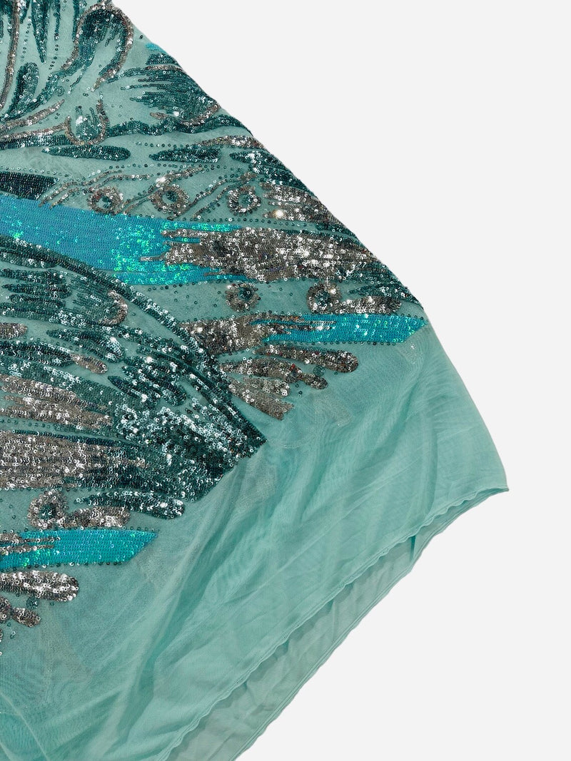 Multi-Color Sequins Design - Mint / Aqua / Silver - 4 Way Stretch Sequins Fabric By The Yard