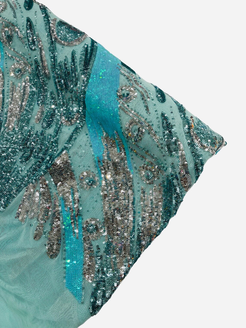Multi-Color Sequins Design - Mint / Aqua / Silver - 4 Way Stretch Sequins Fabric By The Yard