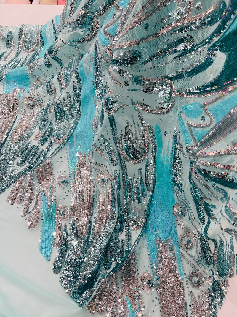 Multi-Color Sequins Design - Mint / Aqua / Silver - 4 Way Stretch Sequins Fabric By The Yard