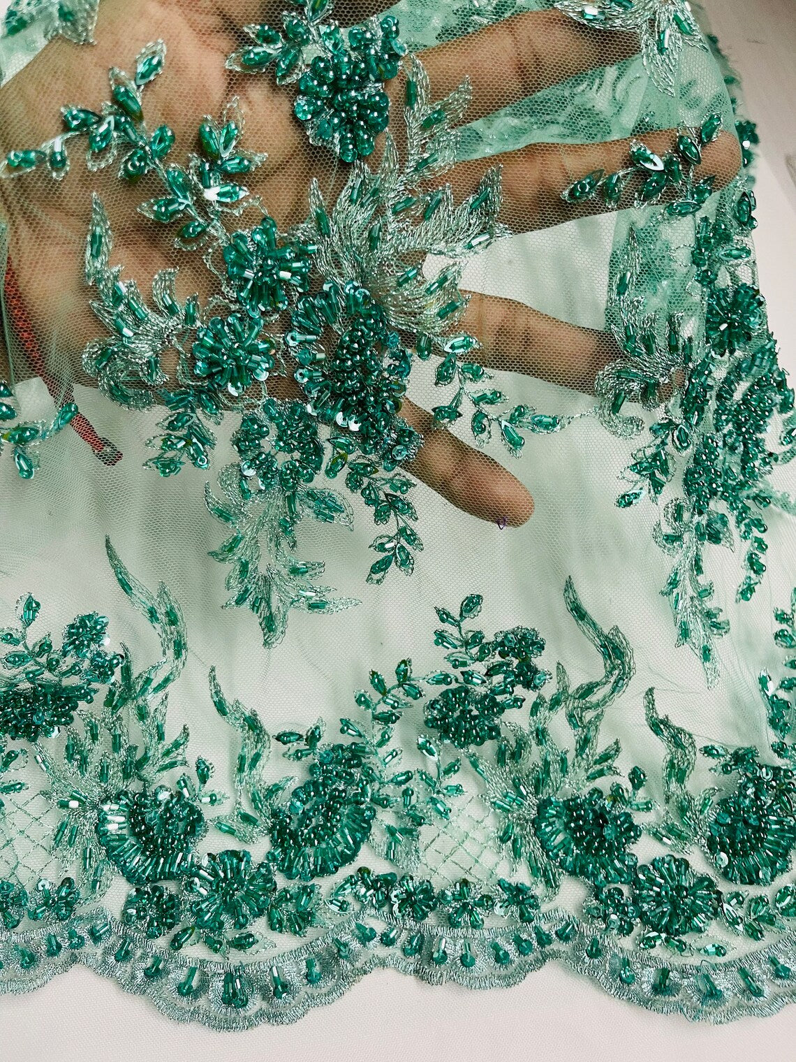 Floral Leaf Beaded Fabric - Mint Green - Embroidered Flower Leaf Design Beaded Fabric By Yard