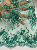 Floral Leaf Beaded Fabric - Mint Green - Embroidered Flower Leaf Design Beaded Fabric By Yard