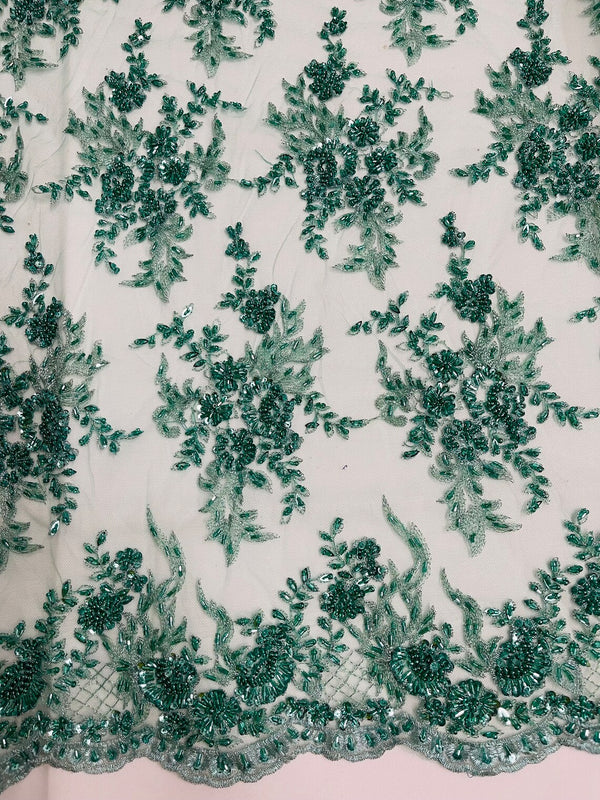 Floral Leaf Beaded Fabric - Mint Green - Embroidered Flower Leaf Design Beaded Fabric By Yard