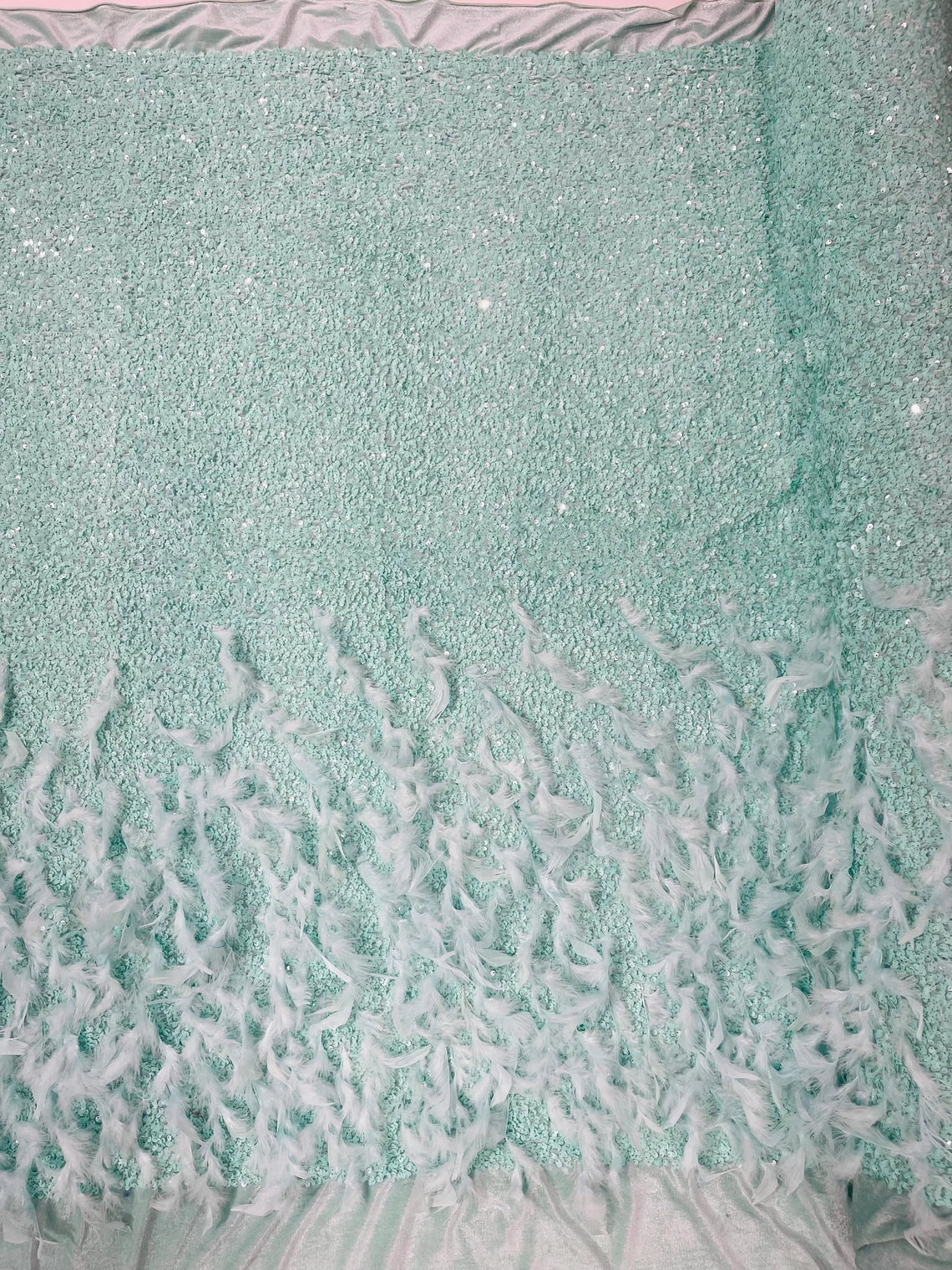 Feather Sequin Velvet Fabric - Mint Green - 5mm Sequins Velvet 2 Way Stretch 58/60" Fabric By Yard