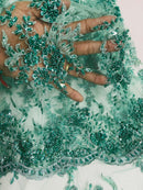 Floral Leaf Beaded Fabric - Mint Green - Embroidered Flower Leaf Design Beaded Fabric By Yard