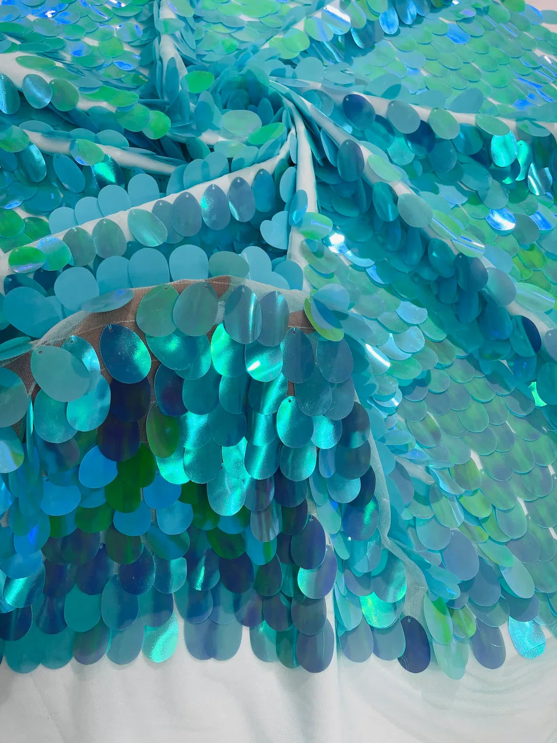 Jumbo Oval Sequins - Mint Iridescent - Paillette Big Oval Sequins Design Fabric By Yard