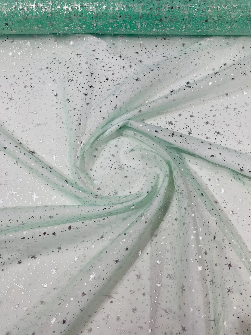 Foil Star Organza - Silver On Mint - 60" Sheer Silver Star Organza Fabric Sold By Yard