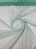 Foil Star Organza - Silver On Mint - 60" Sheer Silver Star Organza Fabric Sold By Yard