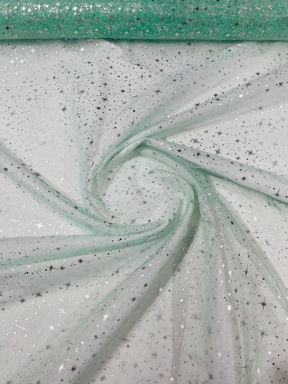 Foil Star Organza - Silver On Mint - 60" Sheer Silver Star Organza Fabric Sold By Yard