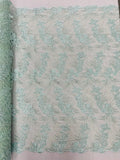 Floral Plant Cluster Fabric - Mint - Embroidered High Quality Lace Fabric Sold by Yard