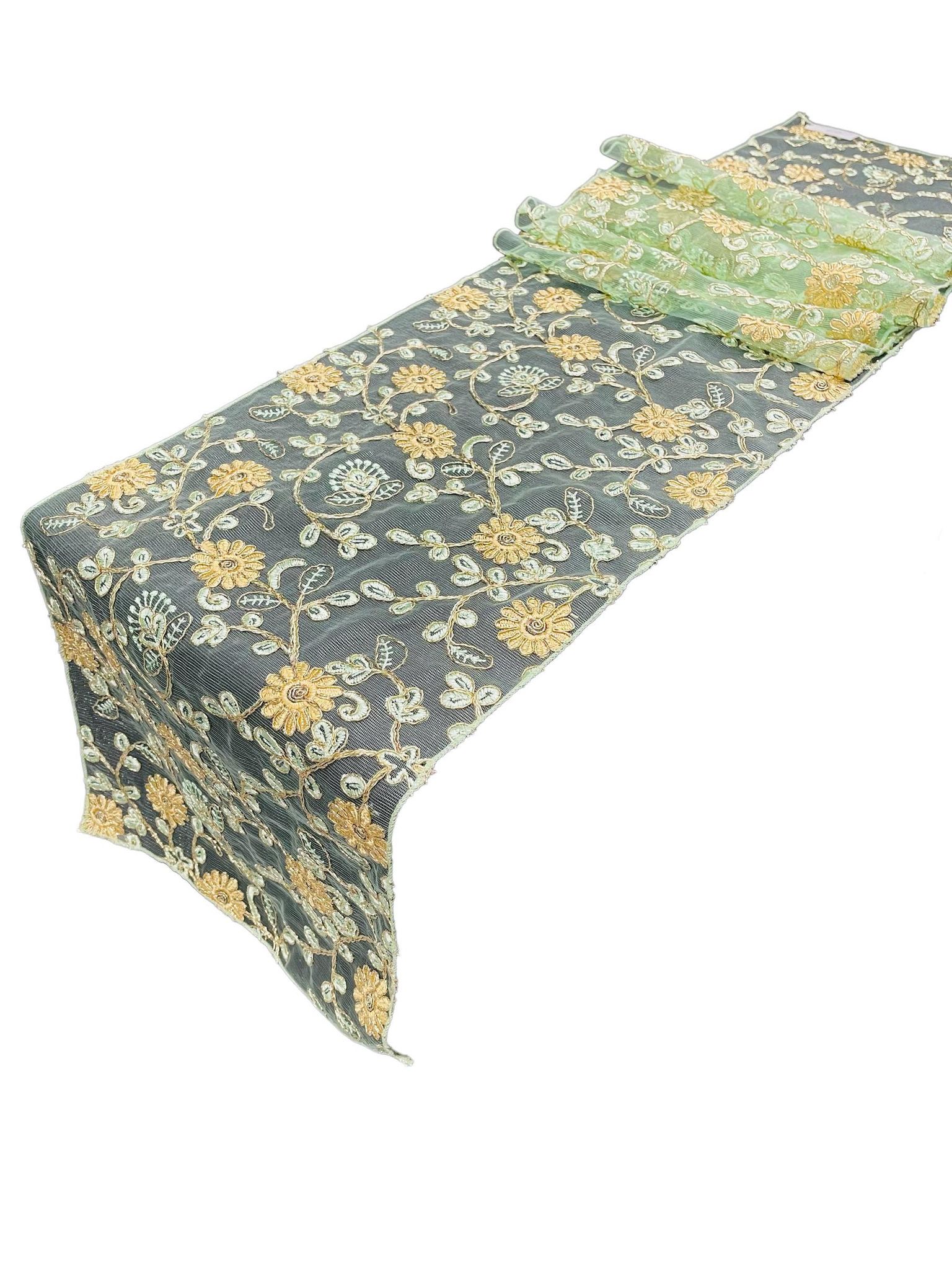 12" x 90" Metallic Flower Table Runner - Gold / Mint - Fancy Runner for Event Decor