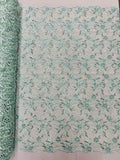 Small Flower Fabric - Mint - Floral Plant Embroidered Design on Lace Mesh By Yard