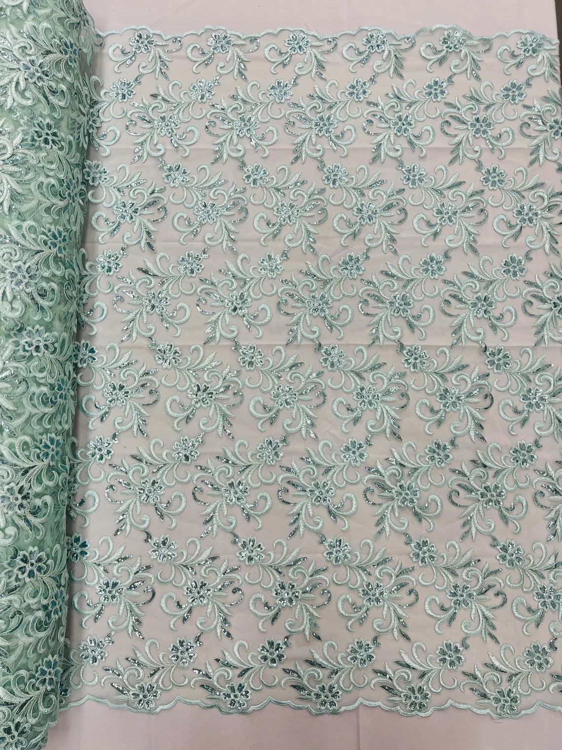 Small Flower Fabric - Mint - Floral Plant Embroidered Design on Lace Mesh By Yard