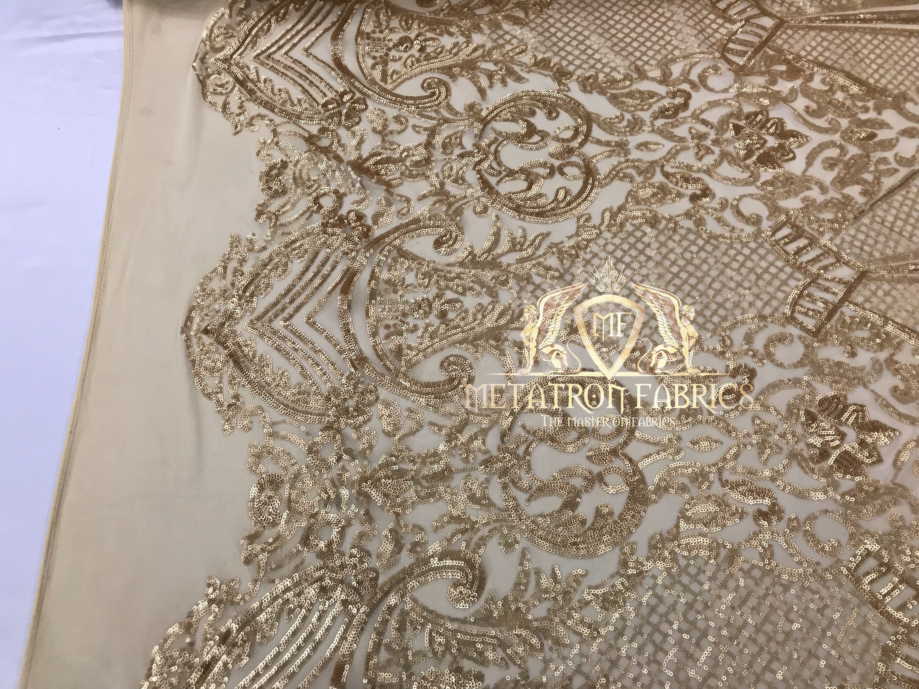 Sequins - Gold - 4 Way Stretch Fancy Fabric Embroidered On Mesh Sold By The Yard