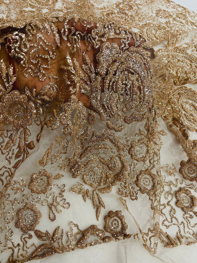 3D Rose Chunky Glitter Fabric - Mocha - Rose Floral Design Glitter on Tulle Fabric Sold by Yard