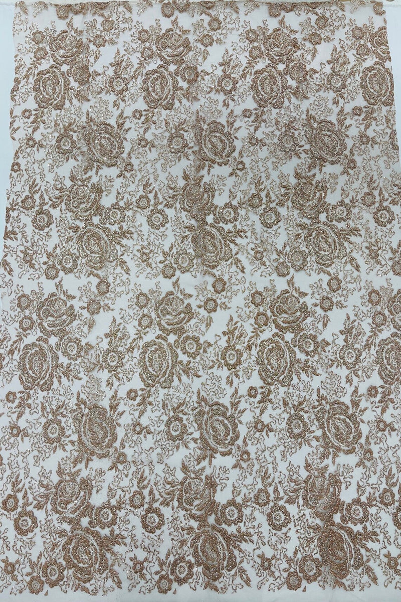 3D Rose Chunky Glitter Fabric - Mocha - Rose Floral Design Glitter on Tulle Fabric Sold by Yard