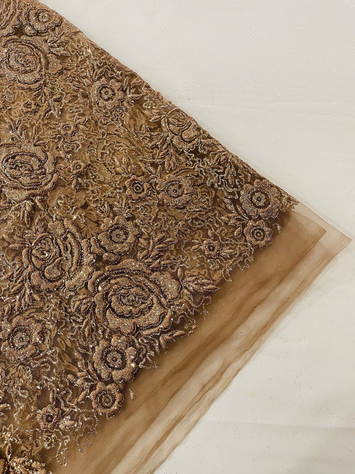 3D Rose Chunky Glitter Fabric - Mocha - Rose Floral Design Glitter on Tulle Fabric Sold by Yard