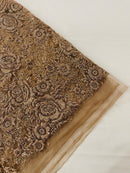 3D Rose Chunky Glitter Fabric - Mocha - Rose Floral Design Glitter on Tulle Fabric Sold by Yard