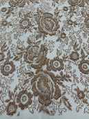 3D Rose Chunky Glitter Fabric - Mocha - Rose Floral Design Glitter on Tulle Fabric Sold by Yard