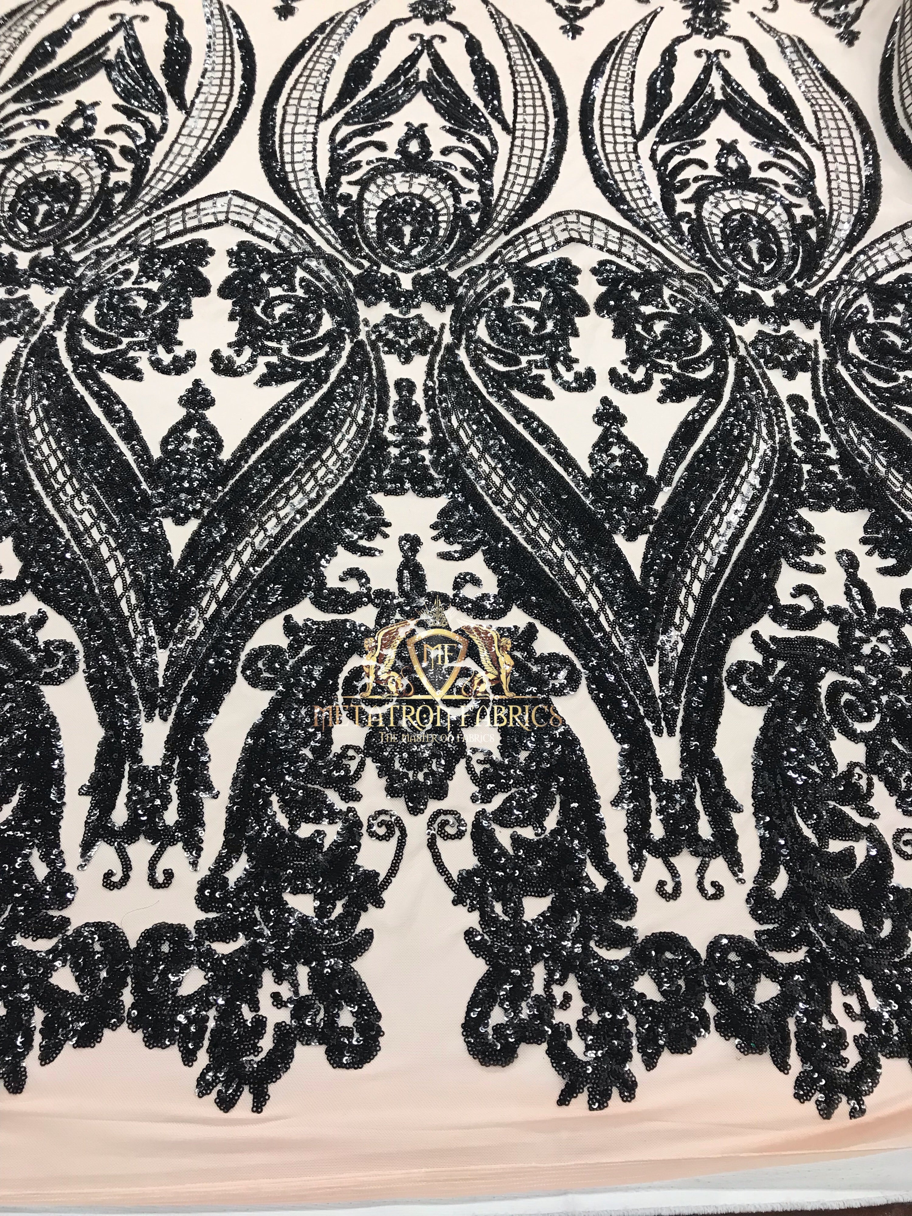 Black - Sequins 4 Way Stretch Fabric Embroidered On Mesh Sold By The Yard