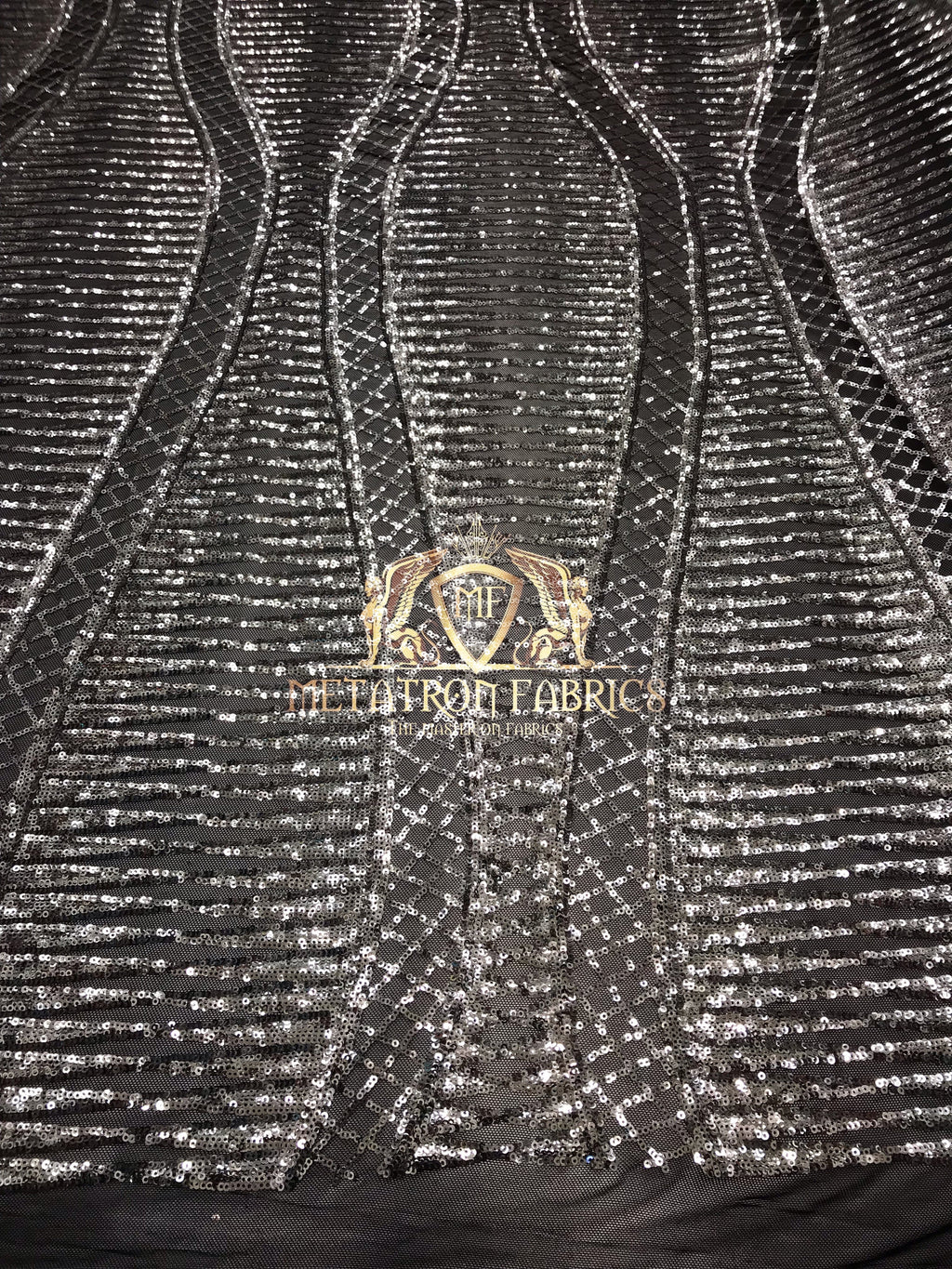 4 Way Stretch - Black and Silver - Horizontal Line Design Sequins On Stretch Mesh By The Yard