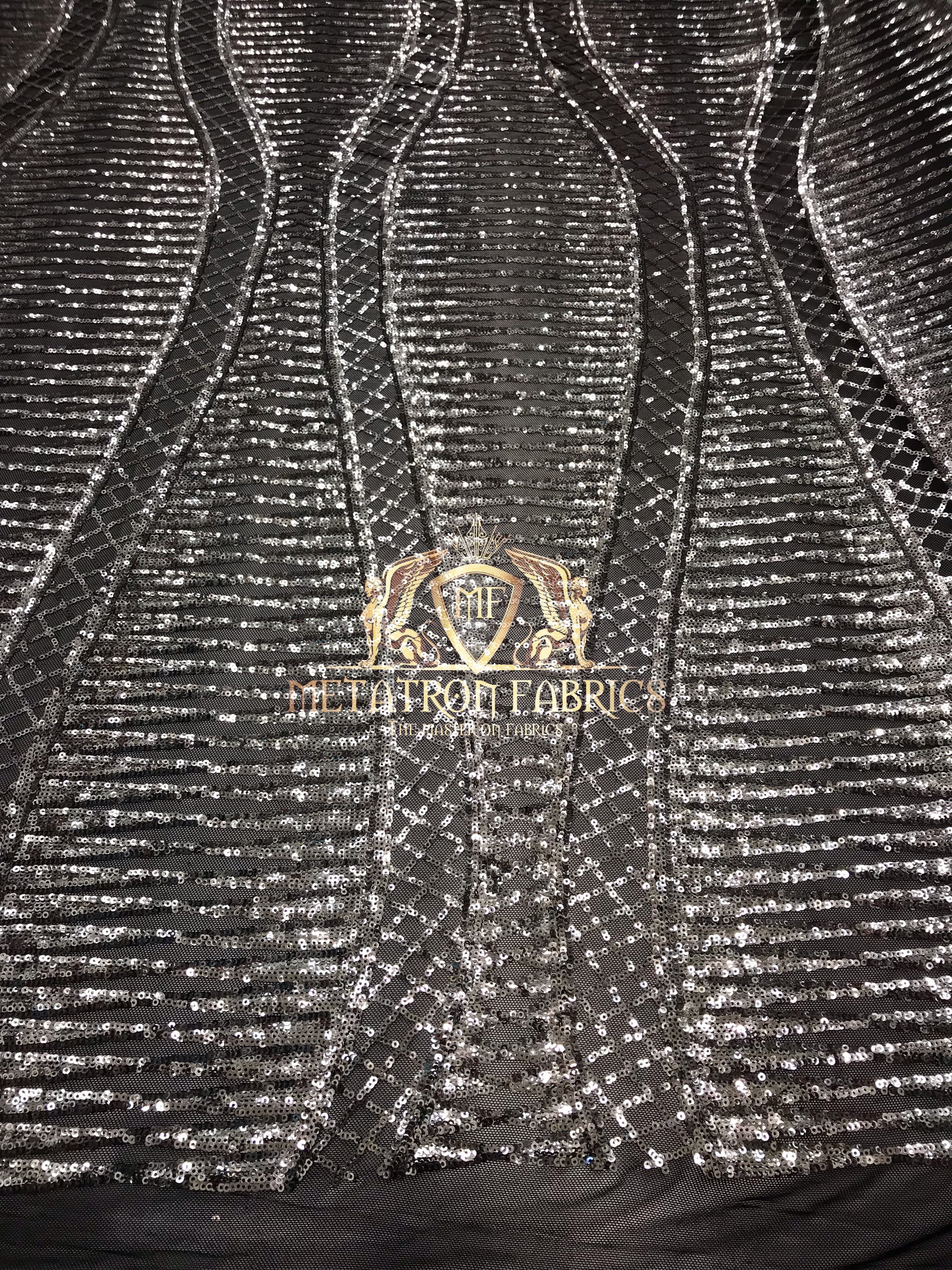 4 Way Stretch - Black and Silver - Horizontal Line Design Sequins On Stretch Mesh By The Yard