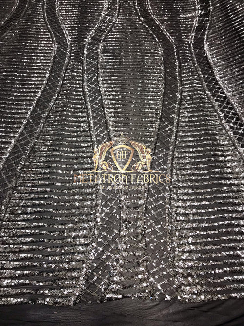 4 Way Stretch - Black and Silver - Horizontal Line Design Sequins On Stretch Mesh By The Yard