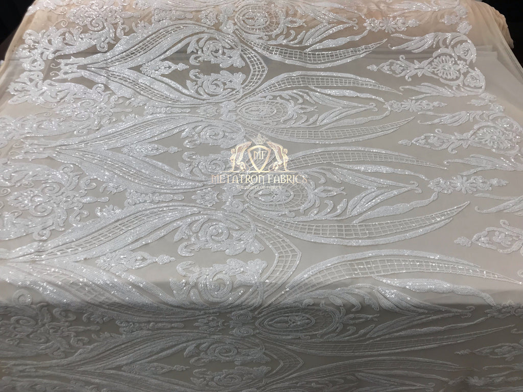 Big Damask Sequins Fabric - White on Nude Mesh - 4 Way Stretch Damask Sequins Design Fabric By Yard
