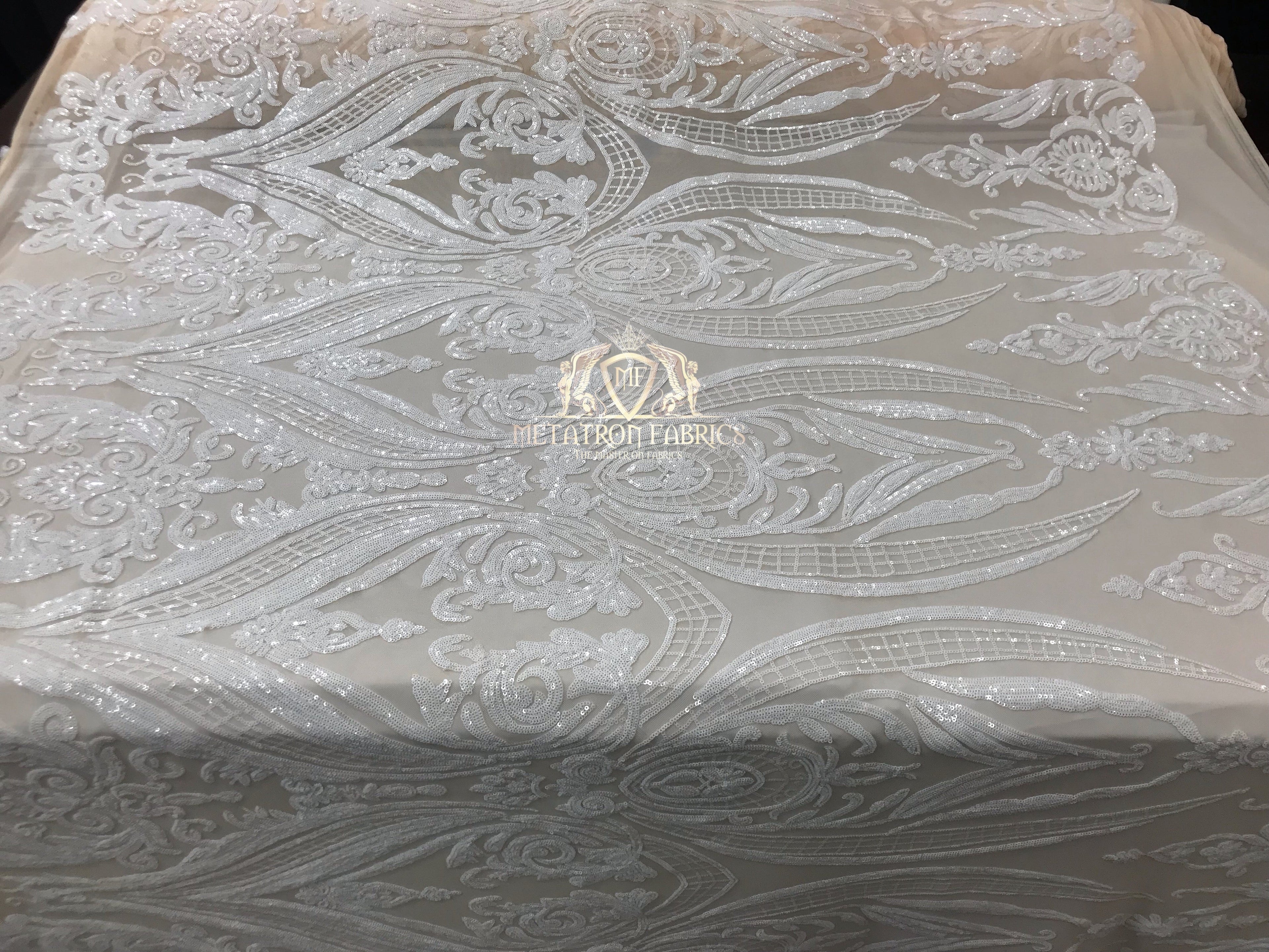 Big Damask Sequins Fabric - White on Nude Mesh - 4 Way Stretch Damask Sequins Design Fabric By Yard