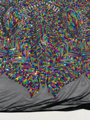 Multi-Color Rainbow on Black - 4 Way Stretch Embroidered Royalty Sequins Design Fabric By Yard