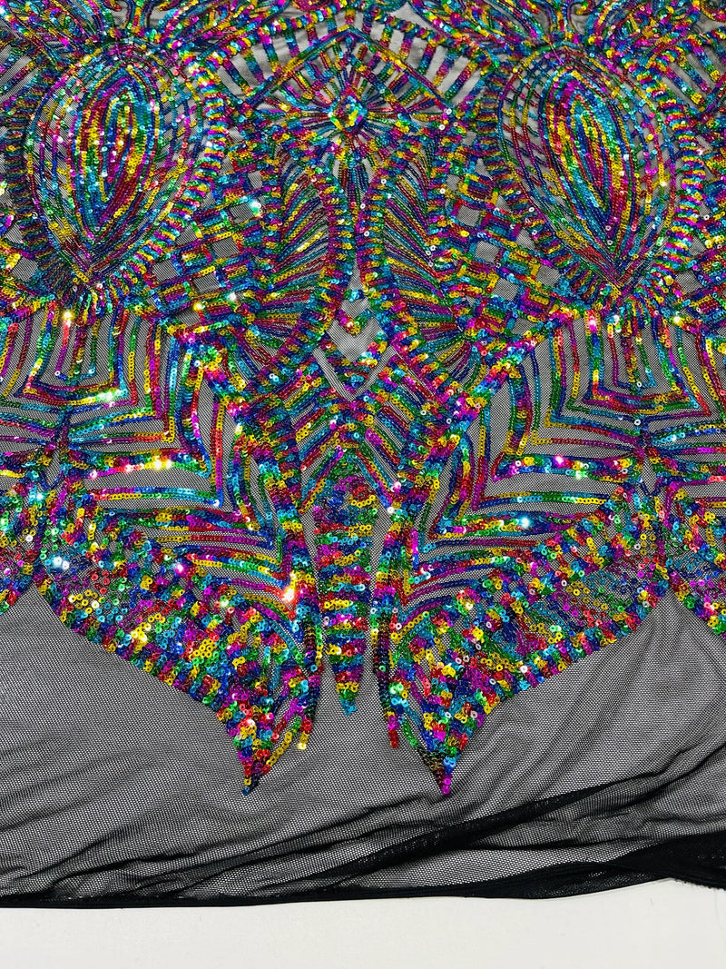 Multi-Color Rainbow on Black - 4 Way Stretch Embroidered Royalty Sequins Design Fabric By Yard