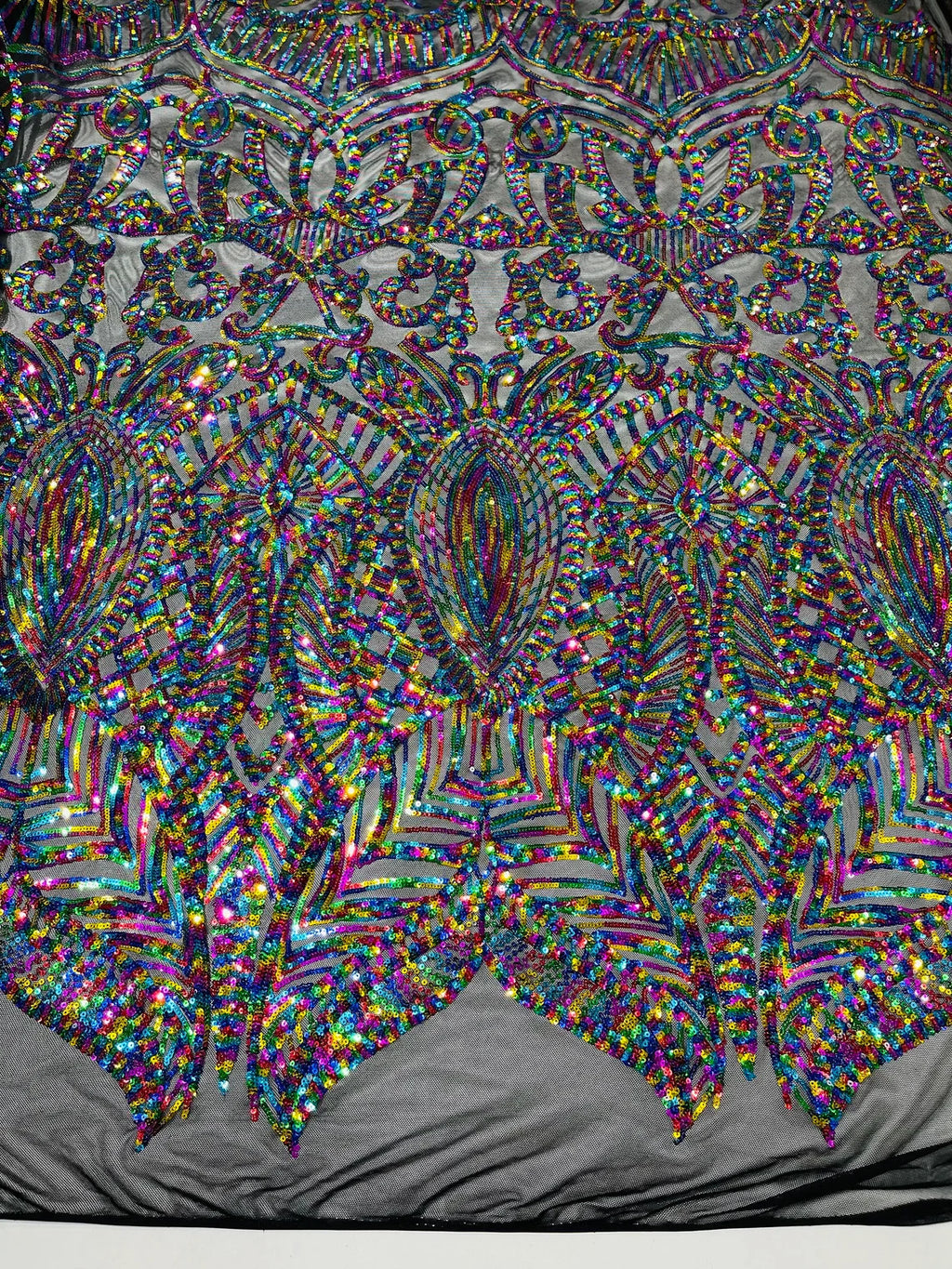 Multi-Color Rainbow on Black - 4 Way Stretch Embroidered Royalty Sequins Design Fabric By Yard