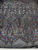 Multi-Color Rainbow on Black - 4 Way Stretch Embroidered Royalty Sequins Design Fabric By Yard