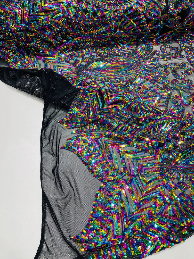 Multi-Color Rainbow on Black - 4 Way Stretch Embroidered Royalty Sequins Design Fabric By Yard