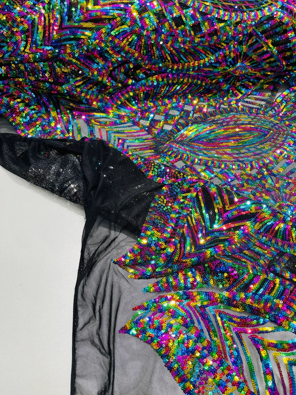 Multi-Color Rainbow on Black - 4 Way Stretch Embroidered Royalty Sequins Design Fabric By Yard