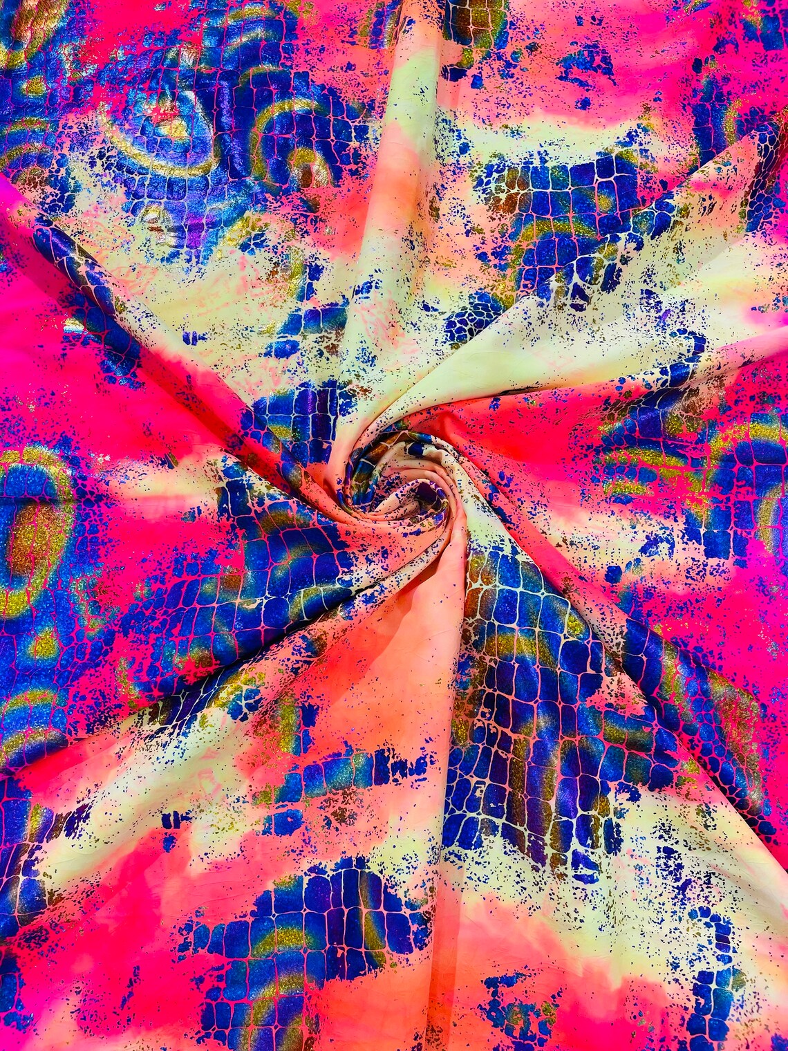 Crocodile Design Spandex Fabric - Multi-Color A - Animal Print 4 Way Metallic Fabric By Yard