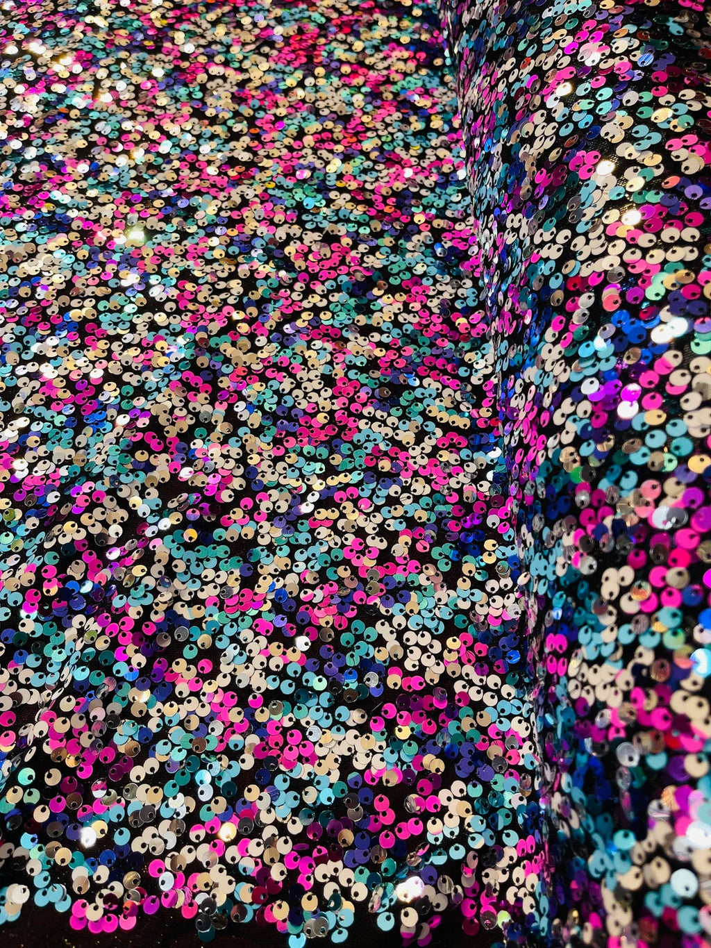 Multi-Color Sequins Mesh - Fuchsia/Turquoise/Silver - Shiny Sequins Design on Spandex Mesh Fabric By Yard