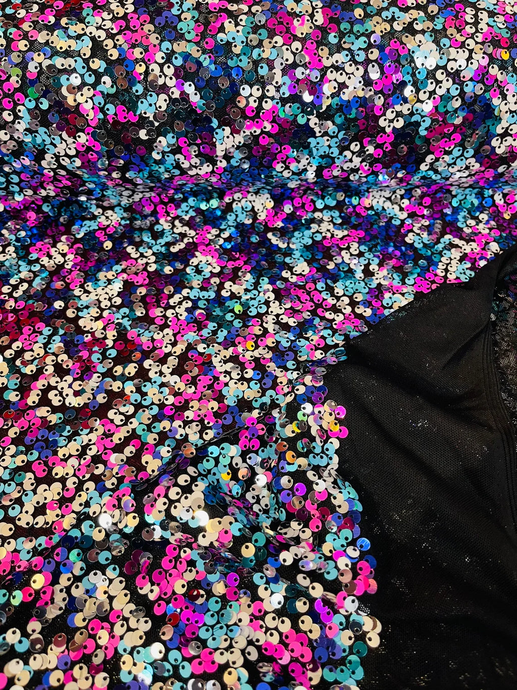 Multi-Color Sequins Mesh - Fuchsia/Turquoise/Silver - Shiny Sequins Design on Spandex Mesh Fabric By Yard